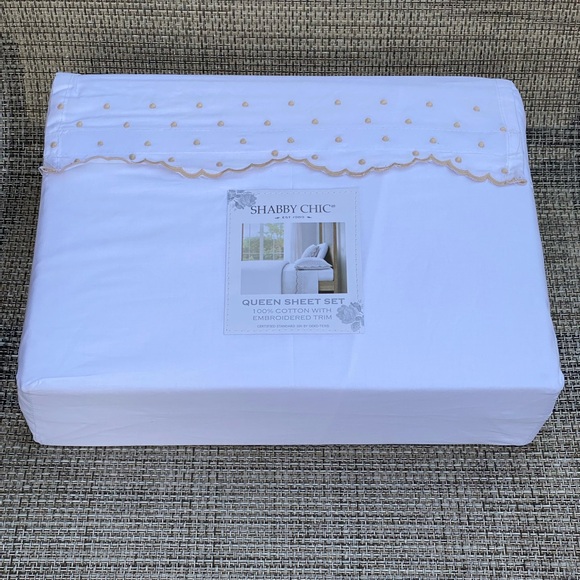 Shabby Chic White Cotton Enbroidered Scallop Dot Natural QUEEN Sheet Set 4pc - Picture 4 of 13